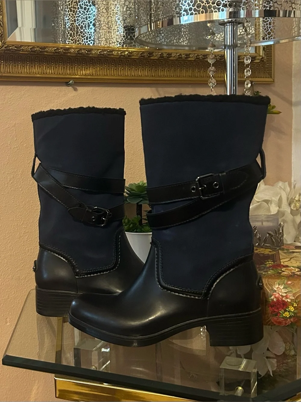 Coach Zena Navy Suede and Black Leather Mid-Calf Buckle Boots Size 8